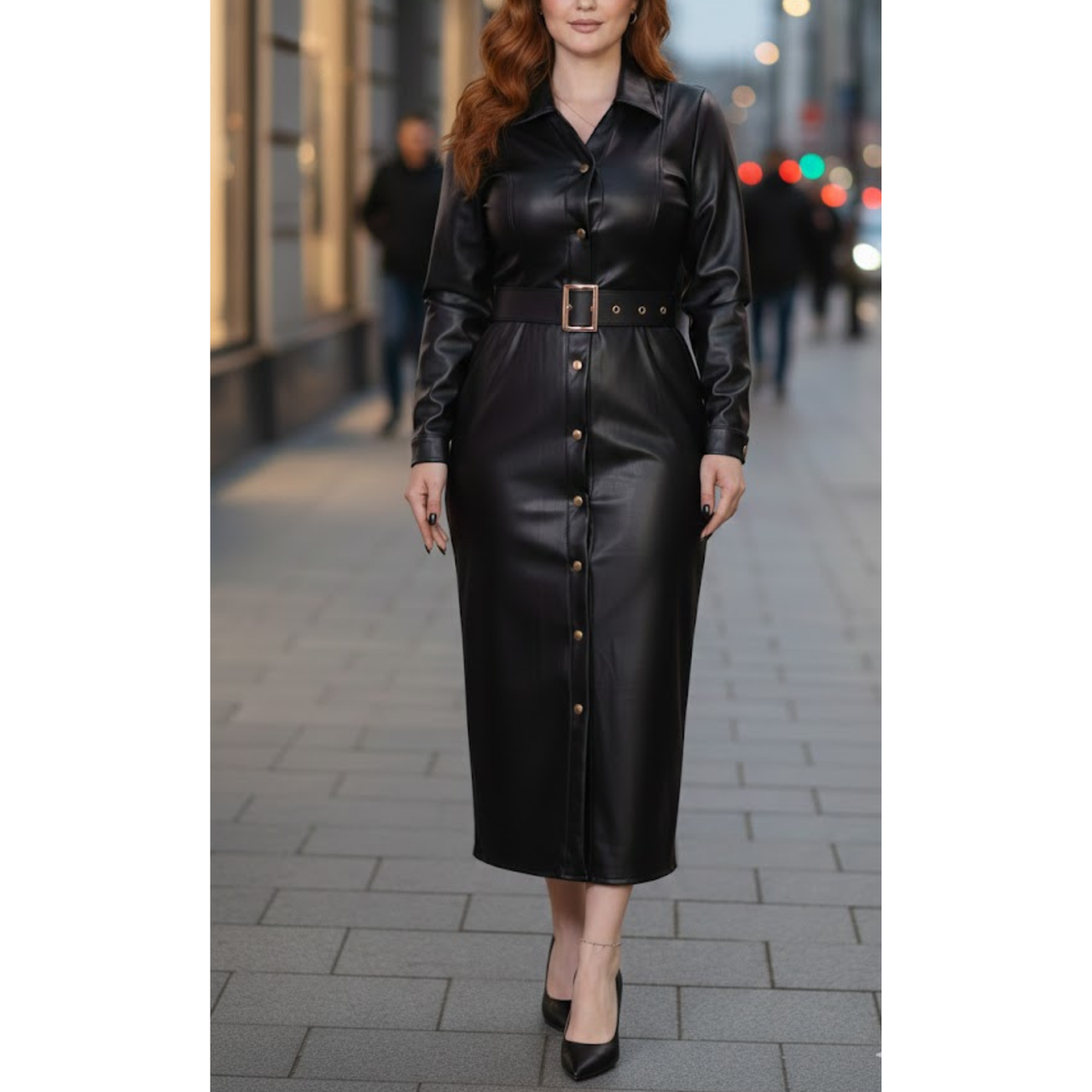 Women's Black Real Leather Long Trench Coat Outfit
