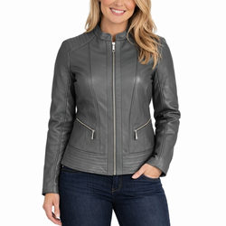 Womens Classic Grey Leather Slim Fit Moto Racer Jacket