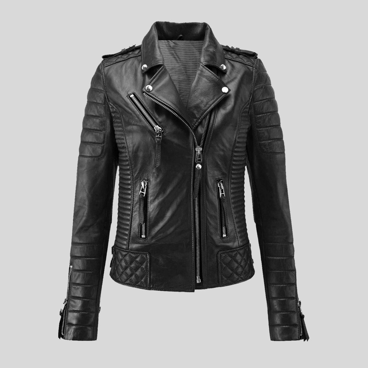Women’s Quilted Genuine Lambskin Motorcycle Biker Leather Jacket
