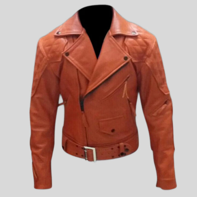 Columbia Diamond Quilted Motorbike Orange Leather Jacket Men's