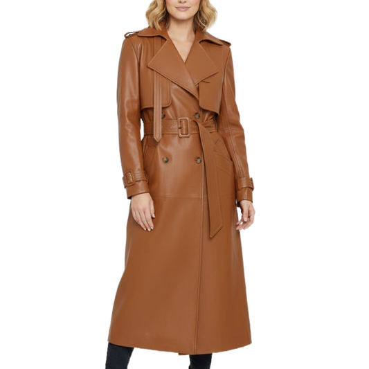 Women's Brown Leather Double Bresated Belted Stylish Long Coat
