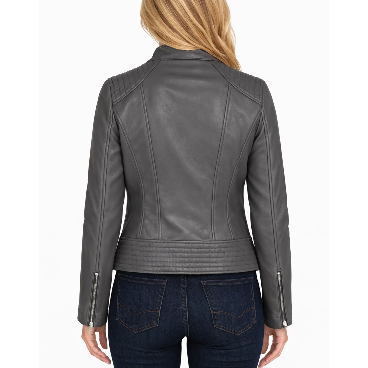 Womens Classic Grey Leather Slim Fit Moto Racer Jacket