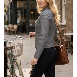 Womens Grey Leather Slim Fit Biker Motorcycle Jacket