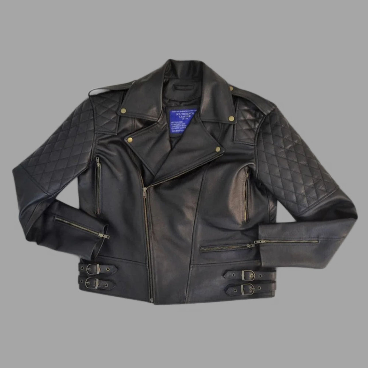 Mens Quilted Leather Motorcycle Biker Jacket