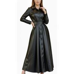Women's Black Sheepskin Leather Belted Style Dress Outfit Trench Coat
