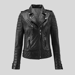 Women Motorcycle Quilted padded Slim fit Biker Genuine Leather Jacket