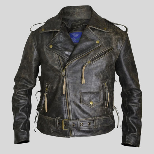 Side Lace-up Vintage Distress Motorcycle Biker Leather Jacket (CL-12)