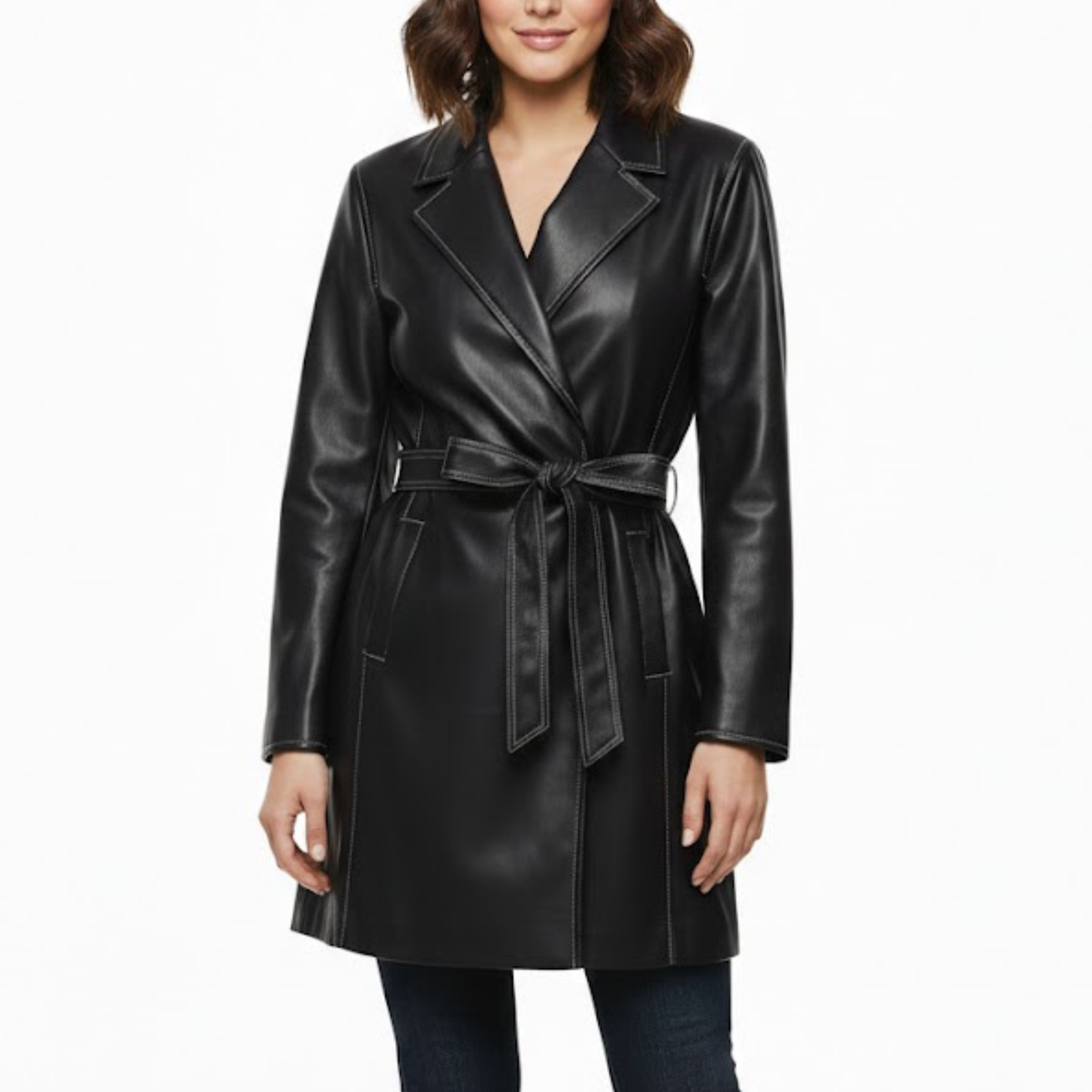 Women's Stylish Black Leatehr Belted Style Coat Blazer