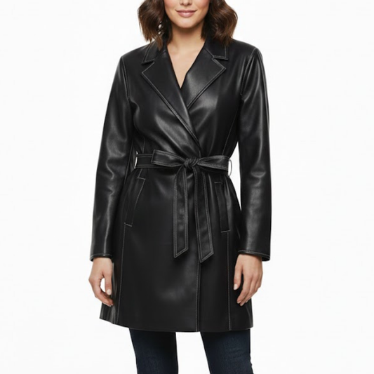 Women's Stylish Black Leatehr Belted Style Coat Blazer