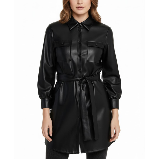 Women's Black Real Leather New Shirt Style Belted Coat