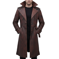 Mens Brown Vintage Leather Gambit Weathered Trench Coat