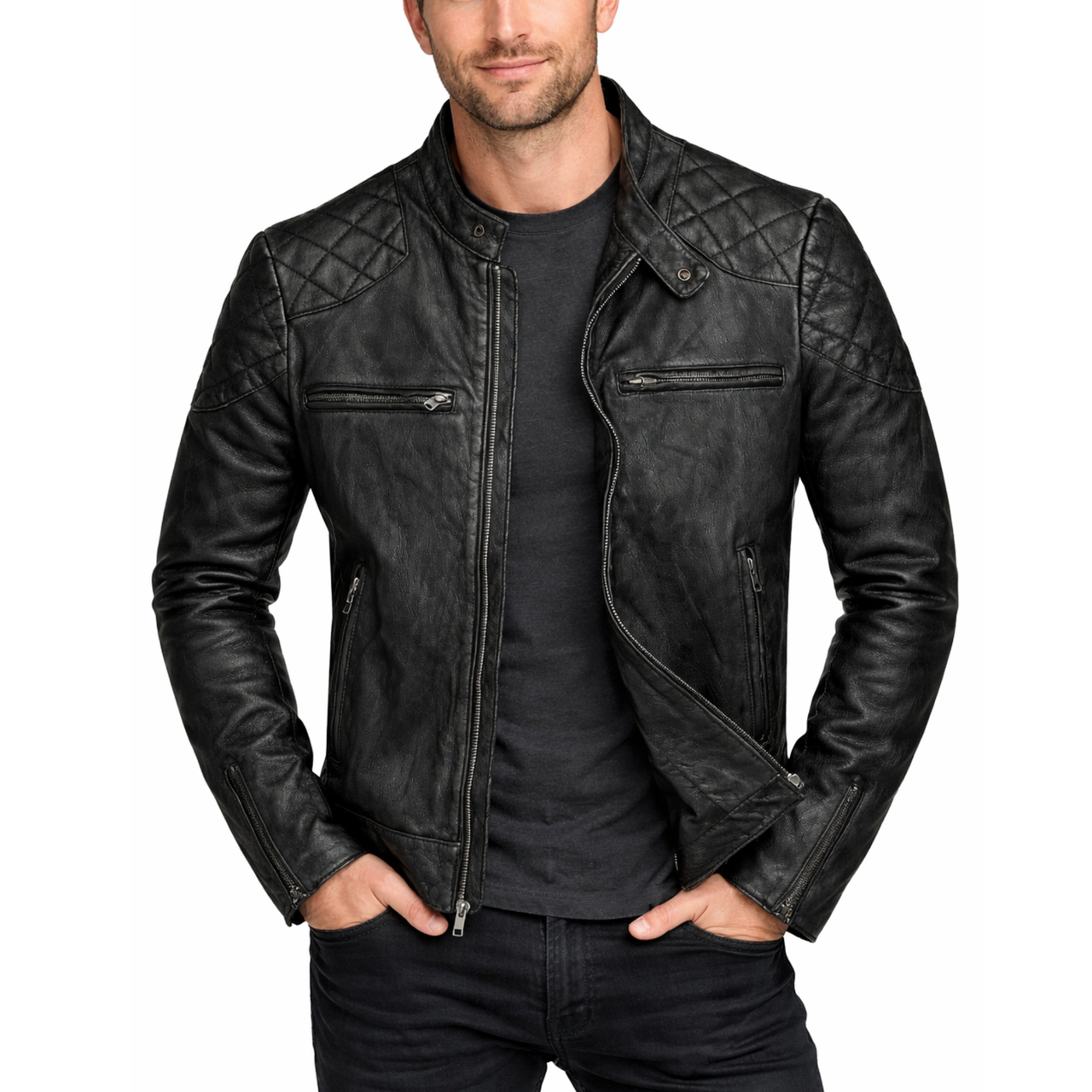 Mens Distressed Black Vintage Leather Quilted Motorcycle Jacket