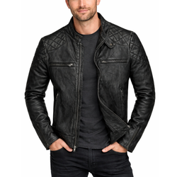Mens Distressed Black Vintage Leather Quilted Motorcycle Jacket