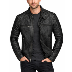 Mens Distressed Black Vintage Leather Quilted Motorcycle Jacket