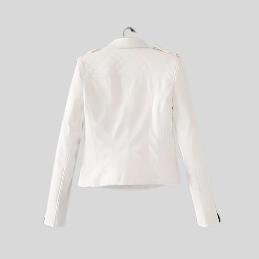 Women's White Motorcycle Biker Real Sheepskin Leather Jacket