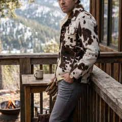 Cowhide Leather Jacket - Western Hair on Hide Brown White Coat - Cow Skin Jacket for Men