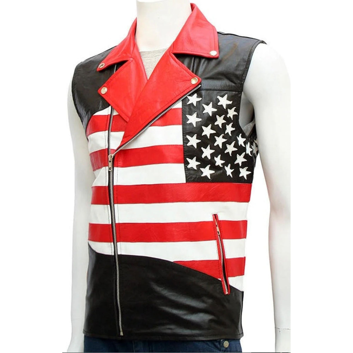 Men’s Black Genuine Leather Biker Vest –USA American Flag Design