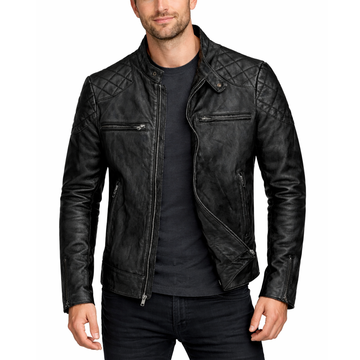 Mens Distressed Black Vintage Leather Quilted Motorcycle Jacket