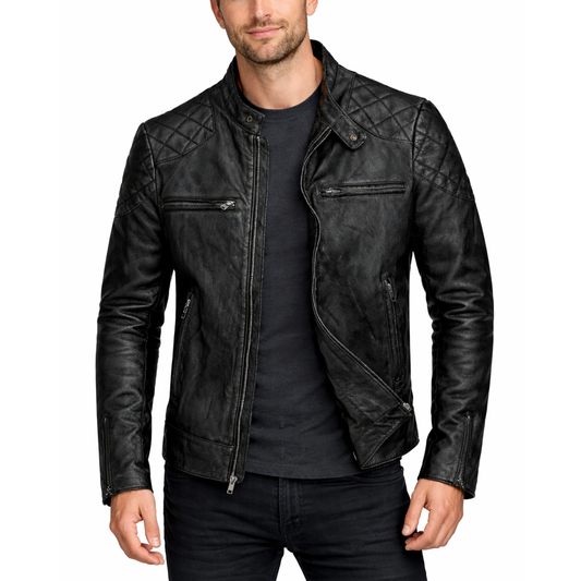 Mens Distressed Black Vintage Leather Quilted Motorcycle Jacket