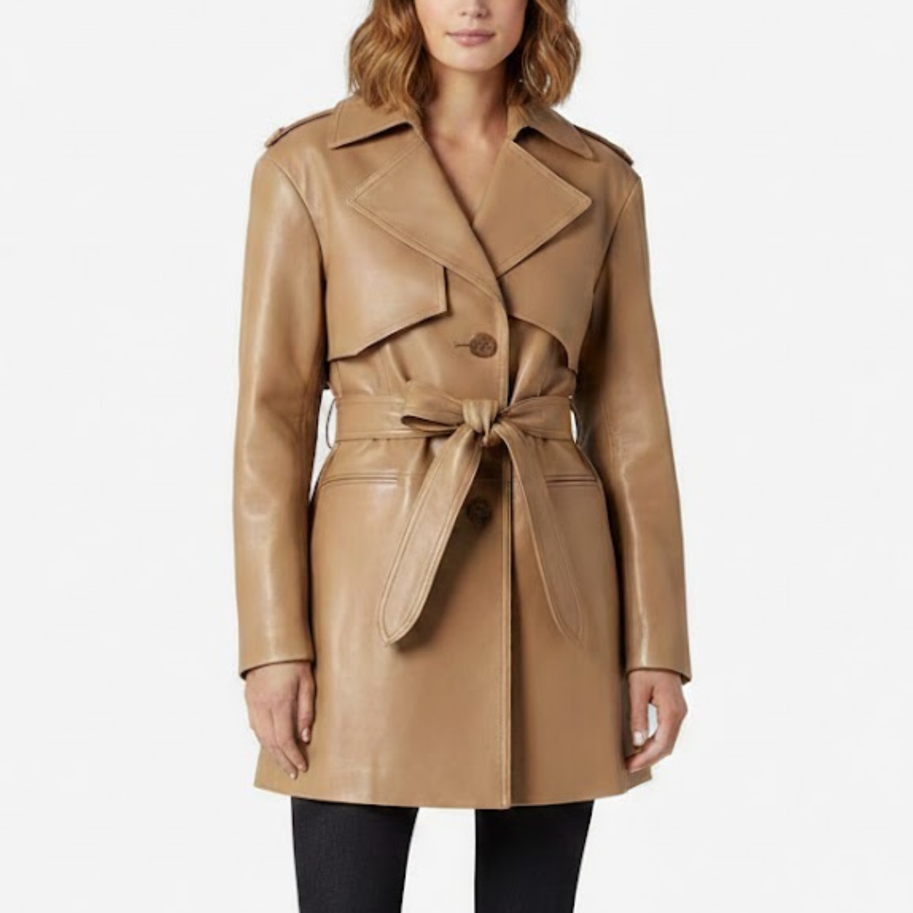 Women's Classic Camel Brown Real Leather Single Breasted Pea Coat
