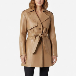 Women's Classic Camel Brown Real Leather Single Breasted Pea Coat