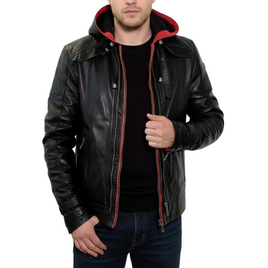 Mens Black And Red Hooded Real Sheepskin Leather Jacket