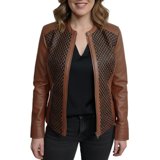 Womens Brown And Black Quilted Patterned Real Sheepskin Leather Jacket