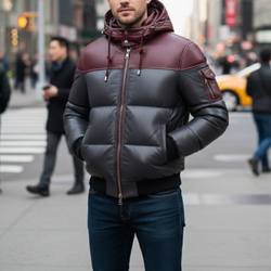 Men’s Two Tone Bubble Quilted Winter Puffer Hooded Bomber Jacket