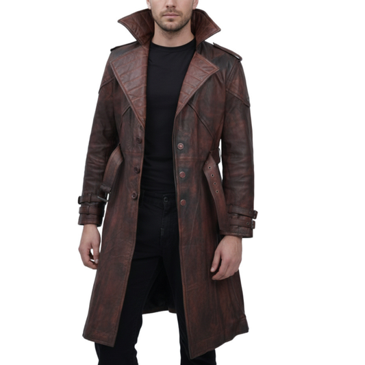 Mens Brown Vintage Leather Gambit Weathered Trench Coat