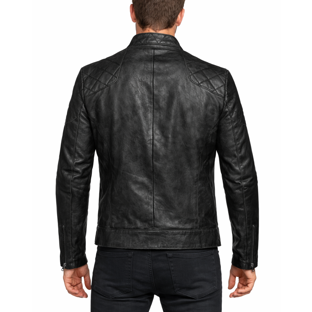 Mens Distressed Black Vintage Leather Quilted Motorcycle Jacket