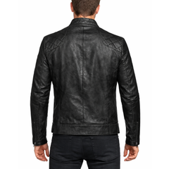 Mens Distressed Black Vintage Leather Quilted Motorcycle Jacket