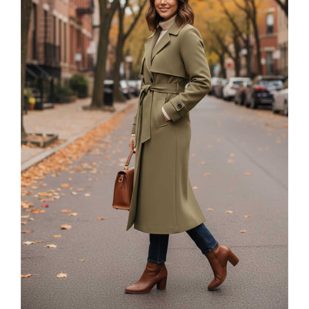 Women’s Khaki Premium Wool Double-Breasted Long Trench Coat