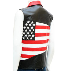 Men’s Black Genuine Leather Biker Vest –USA American Flag Design