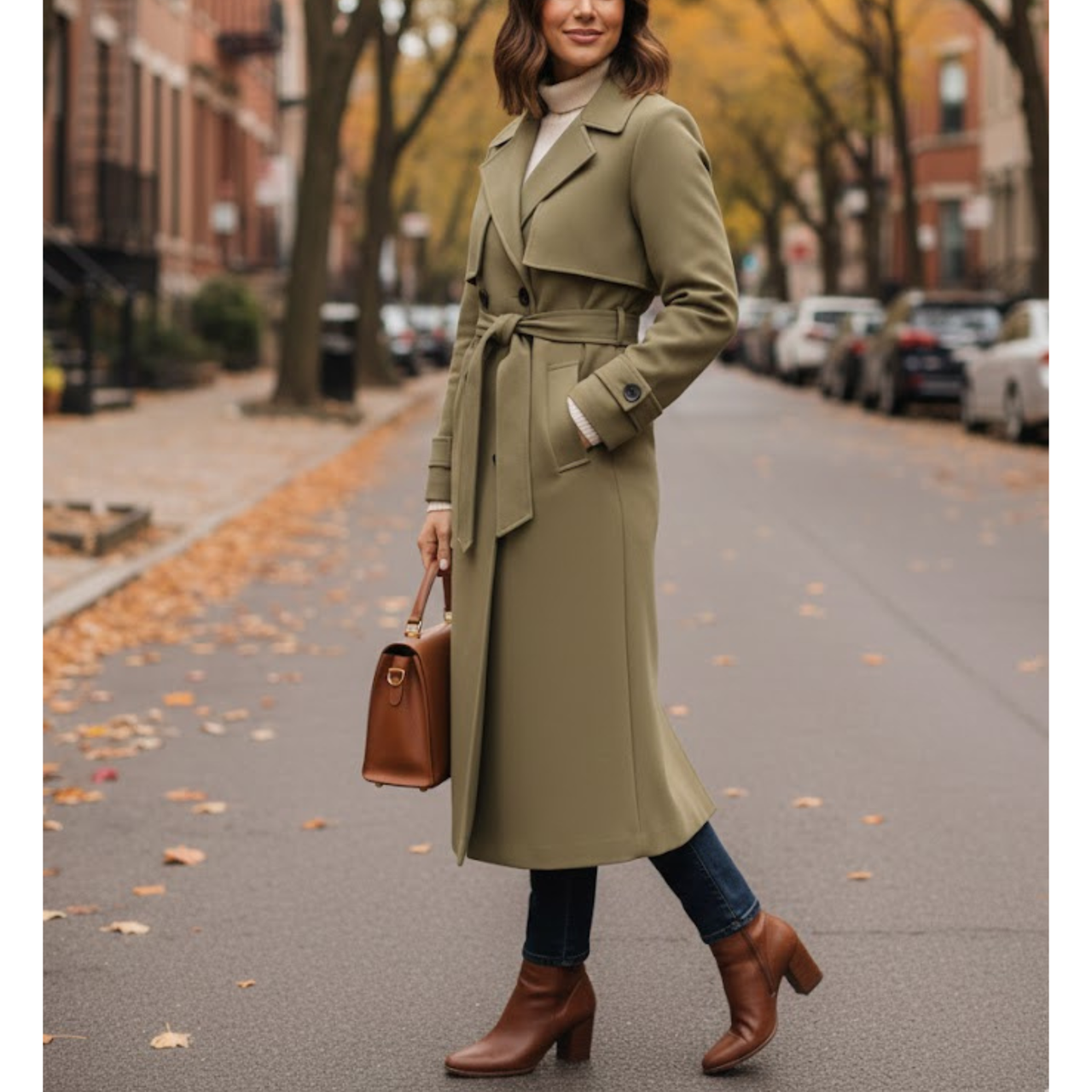 Women’s Khaki Premium Wool Double-Breasted Long Trench Coat