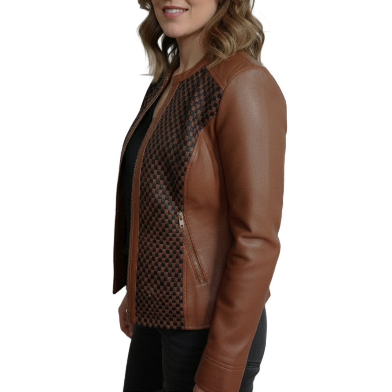 Womens Brown And Black Quilted Patterned Real Sheepskin Leather Jacket