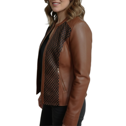 Womens Brown And Black Quilted Patterned Real Sheepskin Leather Jacket
