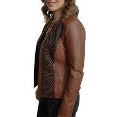 Womens Brown And Black Quilted Patterned Real Sheepskin Leather Jacket