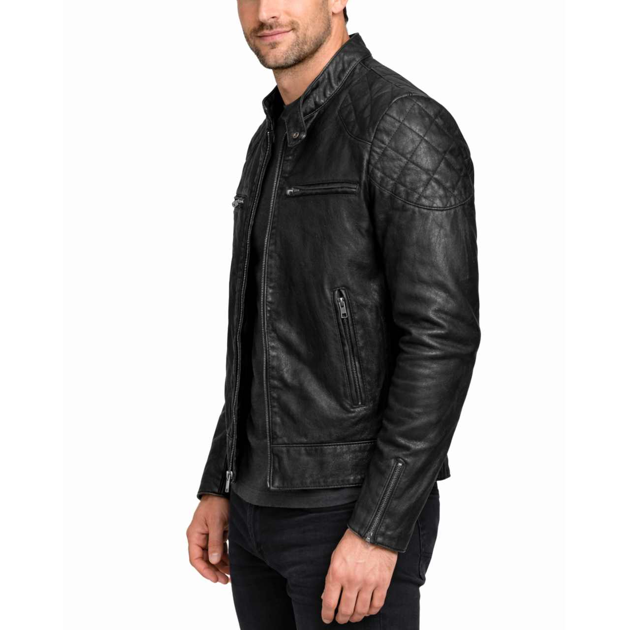 Mens Distressed Black Vintage Leather Quilted Motorcycle Jacket