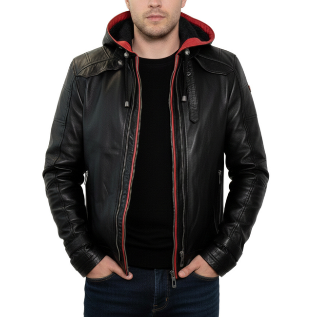 Mens Black And Red Hooded Real Sheepskin Leather Jacket