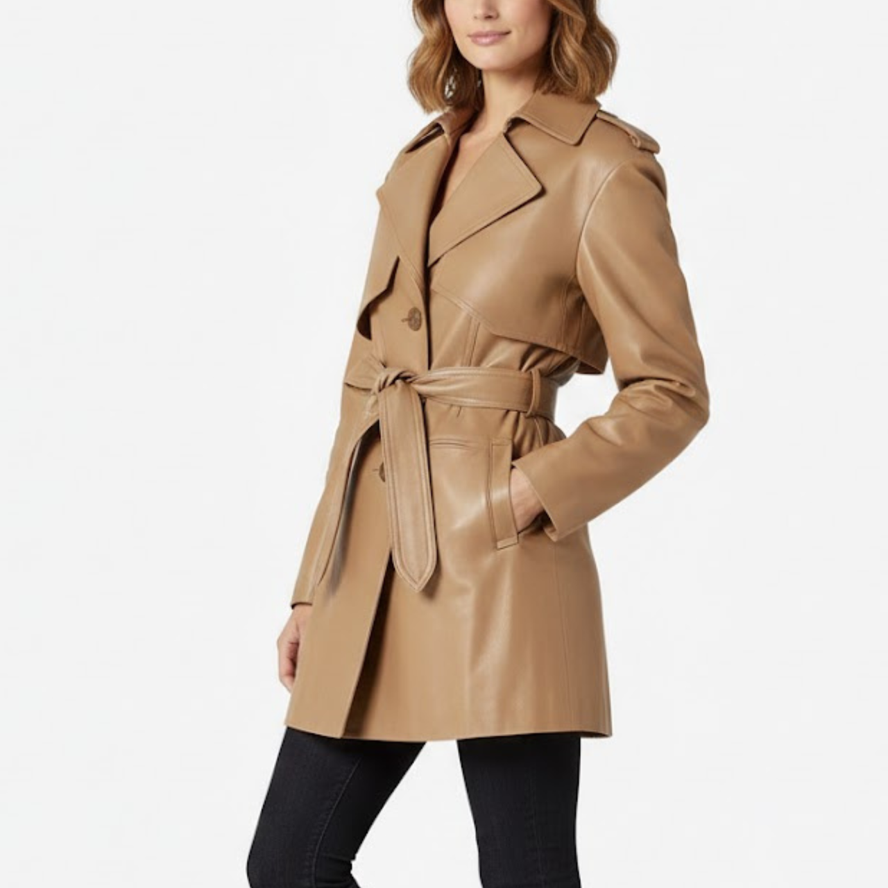 Women's Classic Camel Brown Real Leather Single Breasted Pea Coat