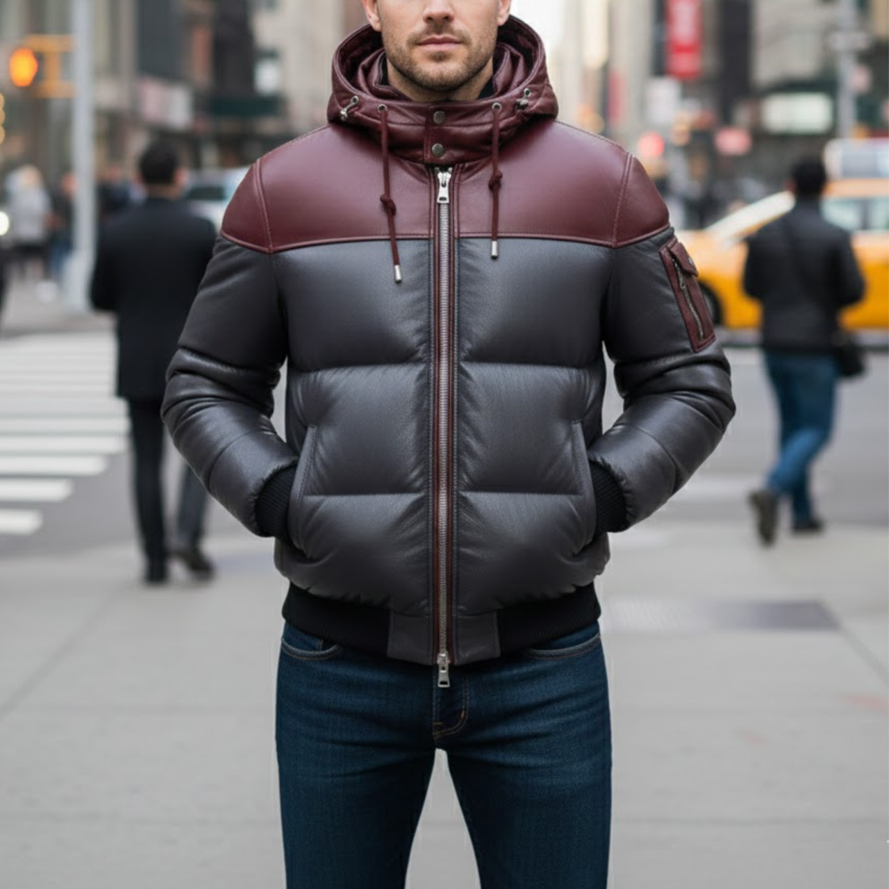 Men’s Two Tone Bubble Quilted Winter Puffer Hooded Bomber Jacket