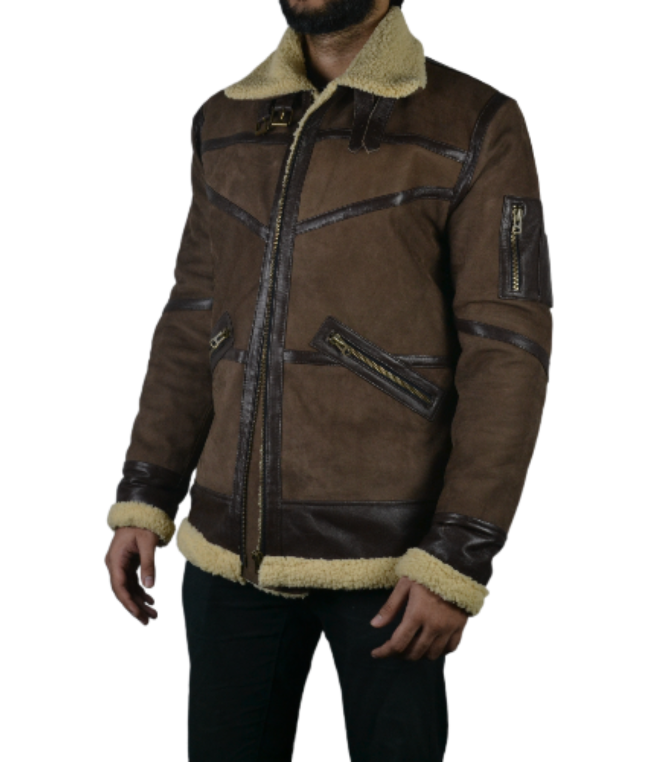 Men's Shearling Fur Bomber Brown Suede Leather Jacket