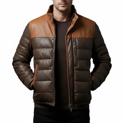Men’s Two Tone Brown Leather Quilted Puffer Bomber Winter Jacket