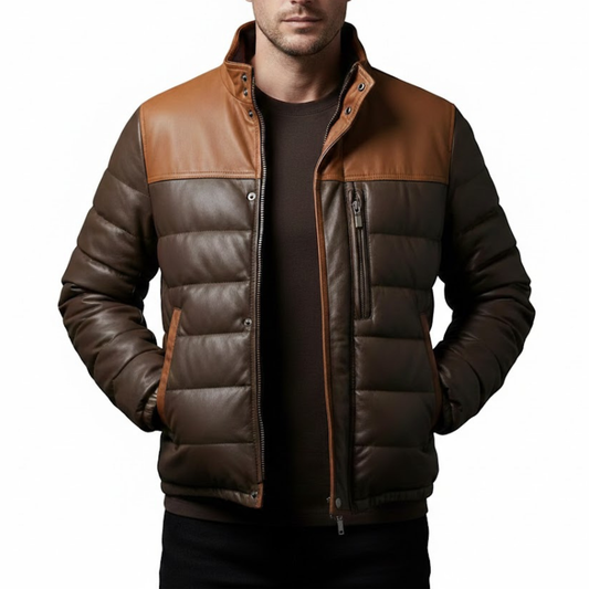 Men’s Two Tone Brown Leather Quilted Puffer Bomber Winter Jacket