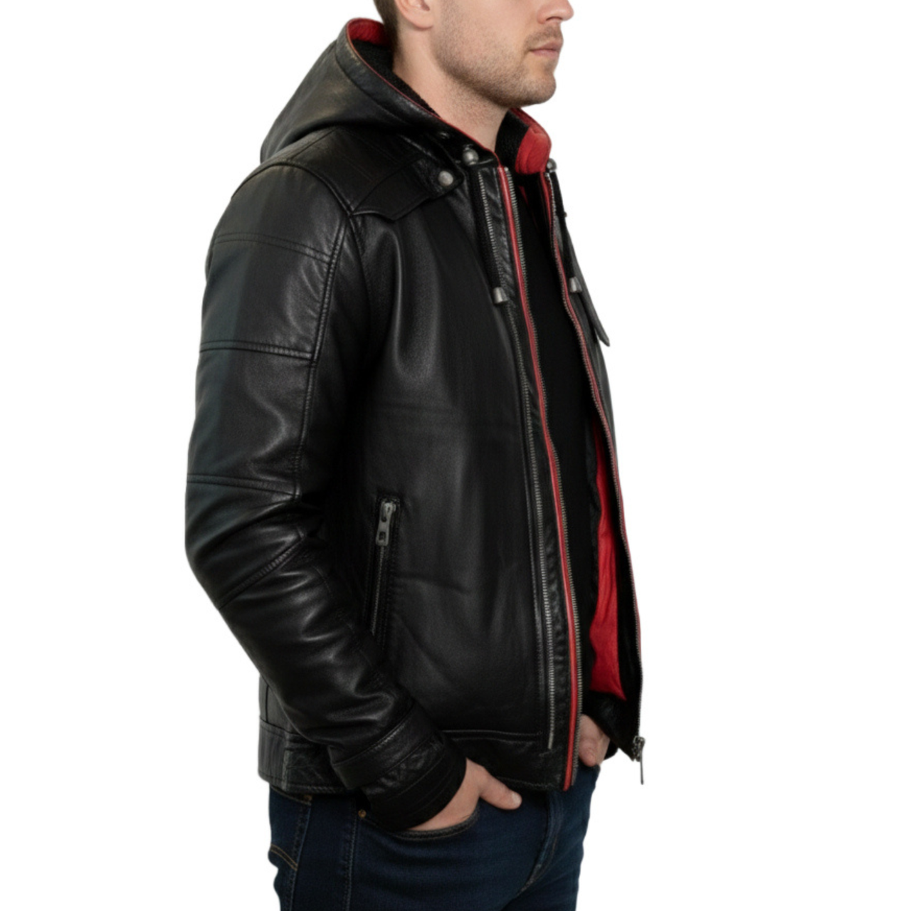 Mens Black And Red Hooded Real Sheepskin Leather Jacket