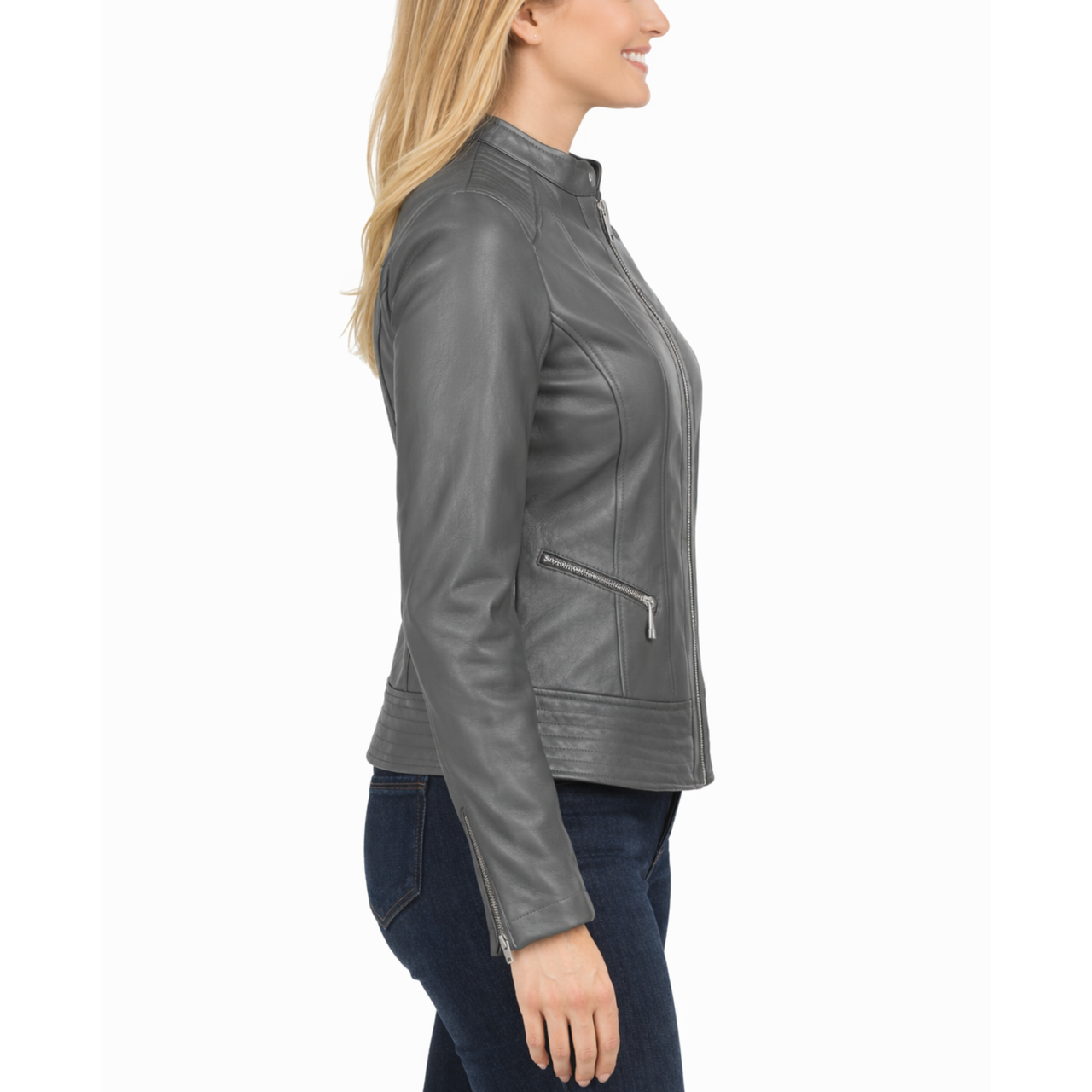 Womens Classic Grey Leather Slim Fit Moto Racer Jacket