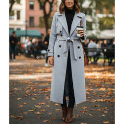 Women’s Light Grey Premium Wool Double-Breasted Long Trench Coat