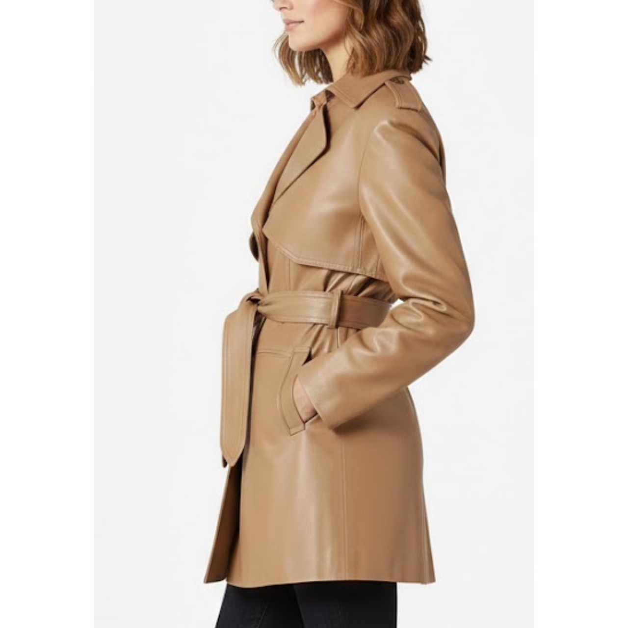 Women's Classic Camel Brown Real Leather Single Breasted Pea Coat