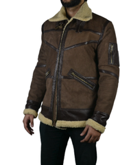Men's Shearling Fur Bomber Brown Suede Leather Jacket
