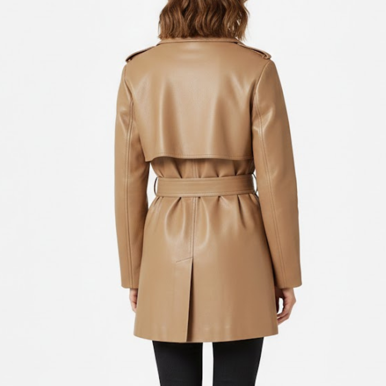 Women's Classic Camel Brown Real Leather Single Breasted Pea Coat